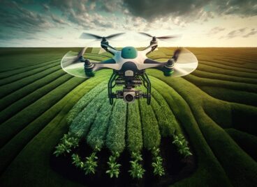 agronomist drone flying over large green field with herbs, created with generative ai