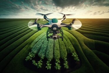 agronomist drone flying over large green field with herbs, created with generative ai